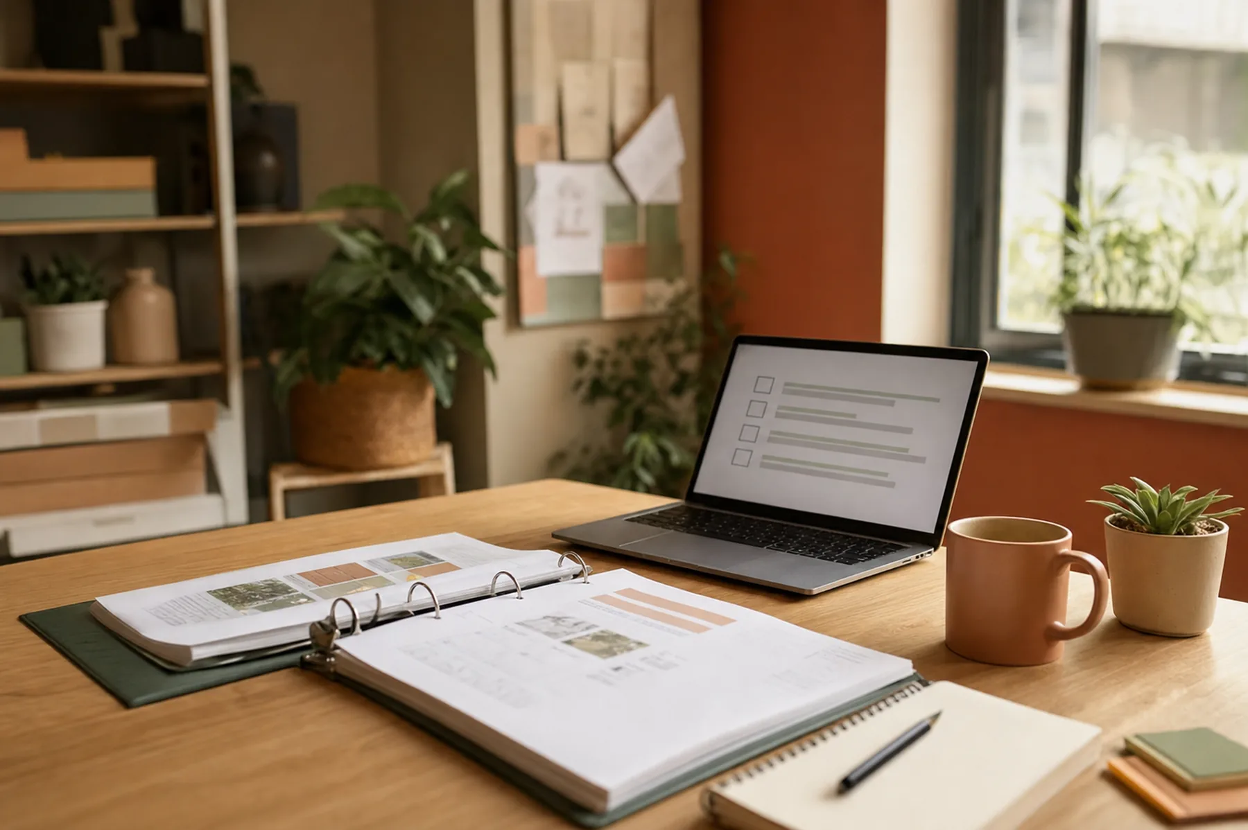 A tidy small-business desk with an open binder of process documents, a laptop showing a checklist, and a plant in warm natural light