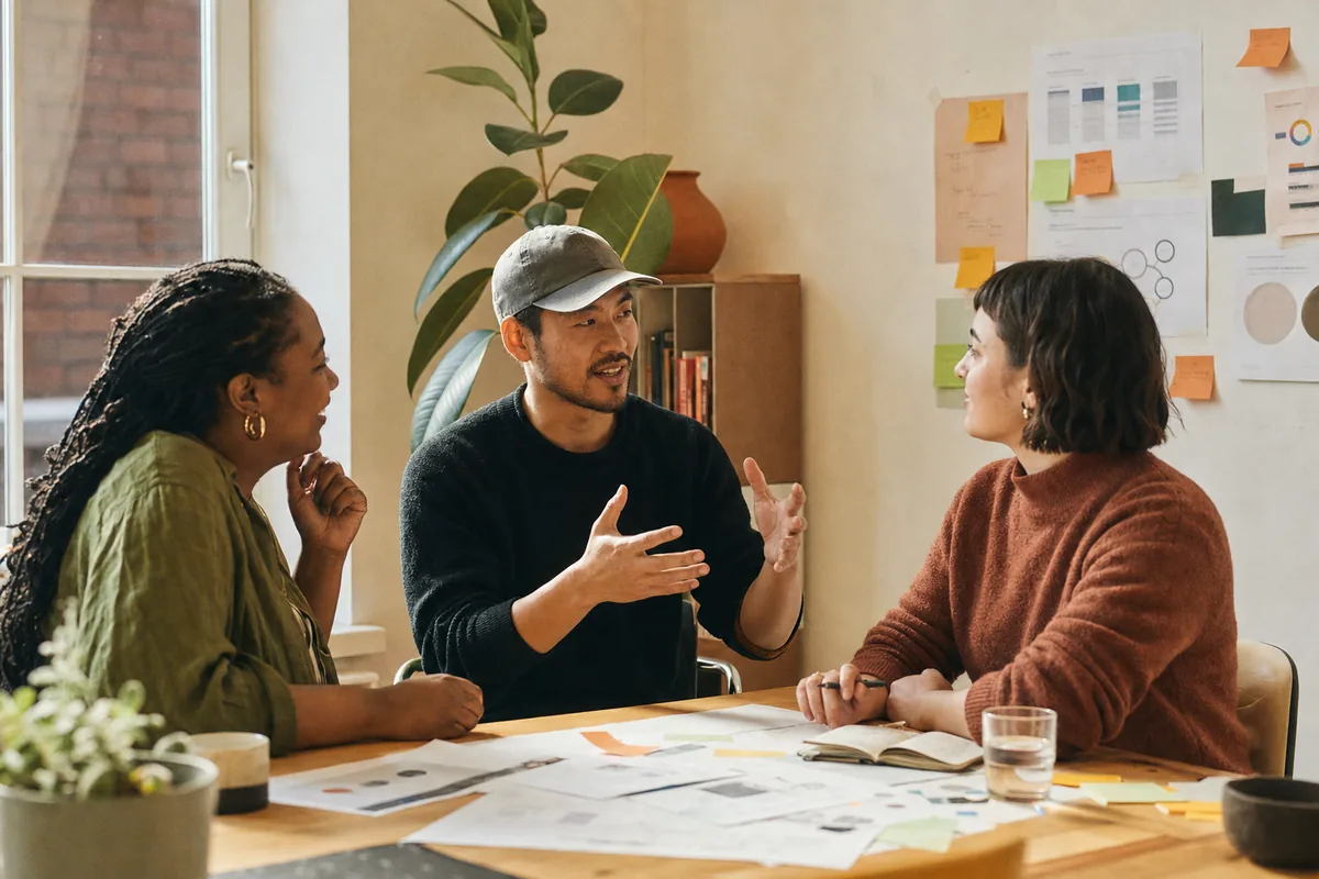 Three colleagues reviewing workflow charts together in a bright meeting room