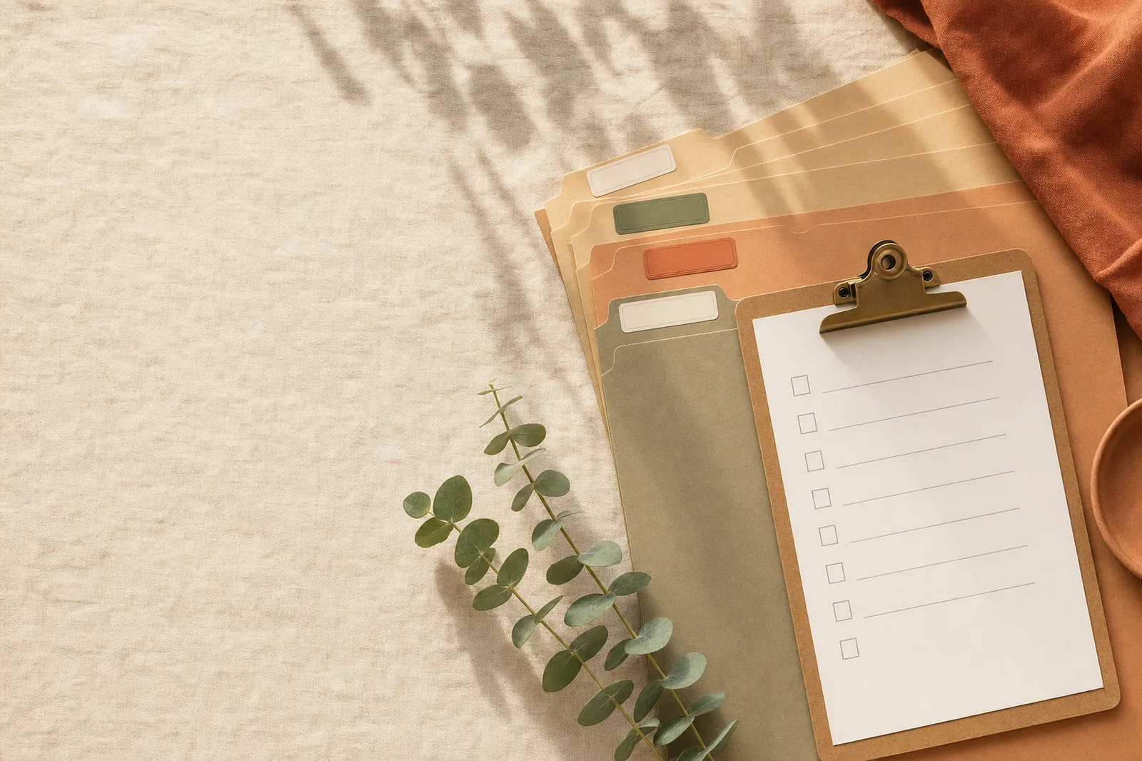 Labeled folders and a blank checklist arranged neatly on warm linen